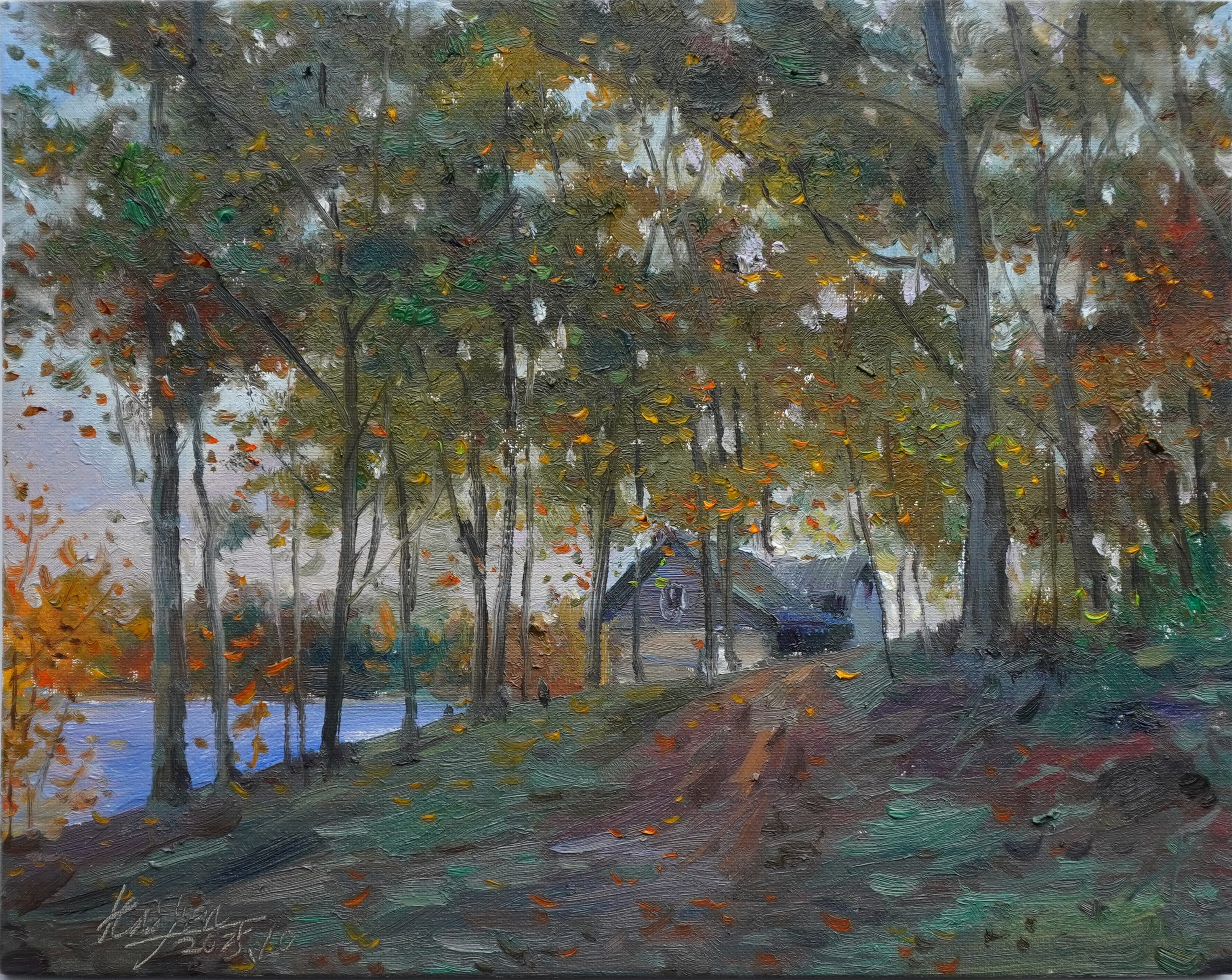 Cabin by the Lakeside Trail — oil painting